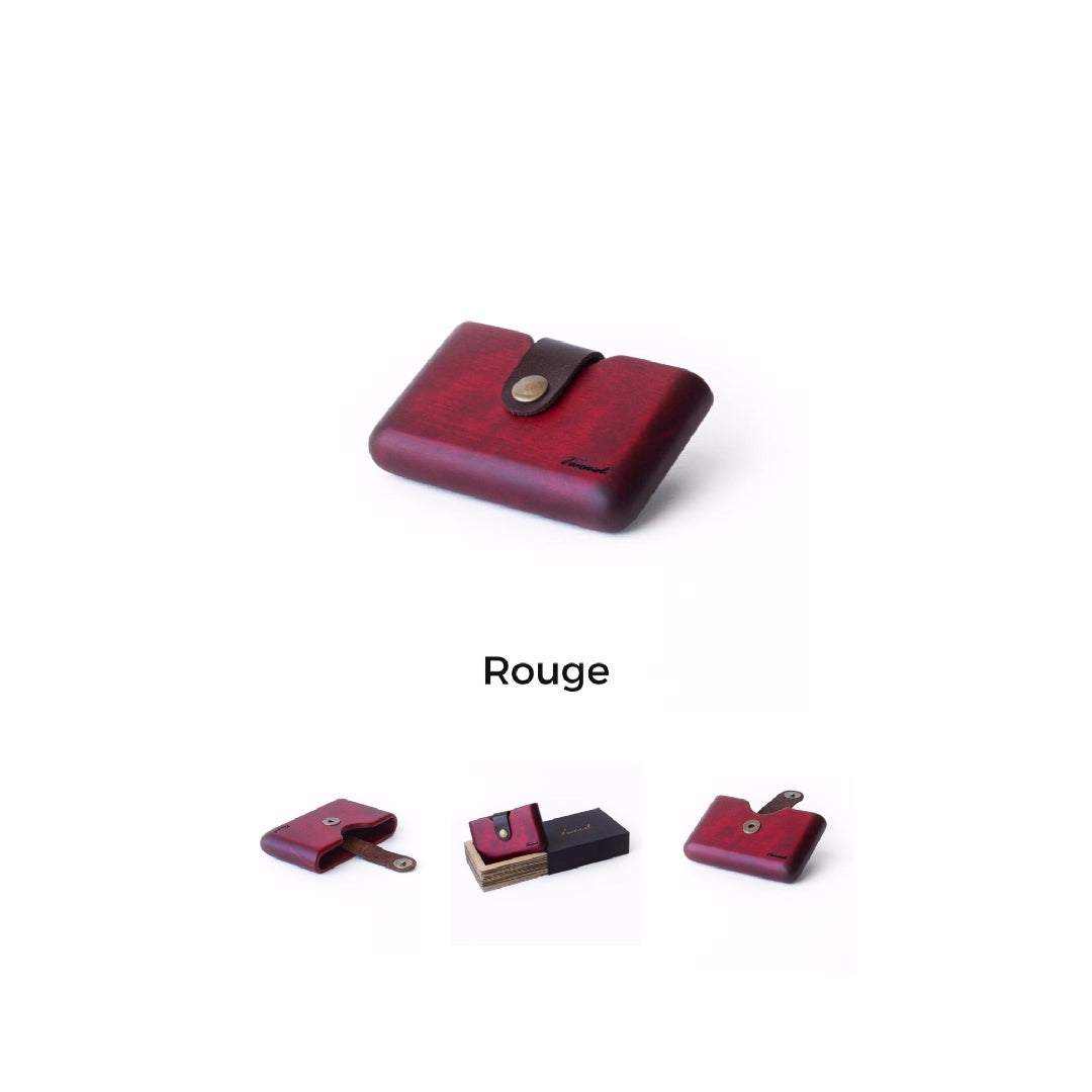 Compact eco-friendly wooden wallet in rouge with card slot and button closure