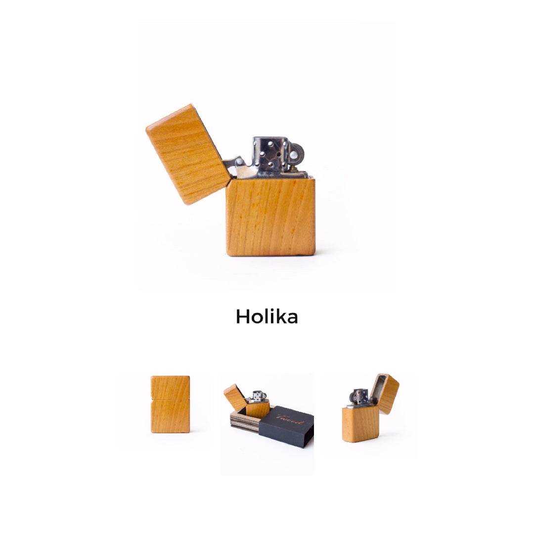 Eco-friendly wooden lighter with natural wood casing, compact size, and metal ignition mechanism