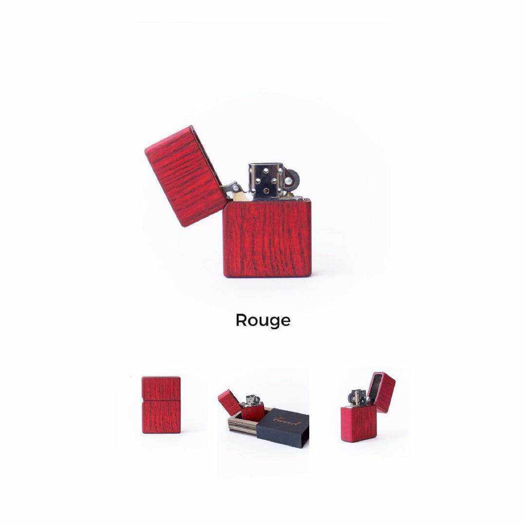 Red wooden lighter with open lid showcasing metal ignition mechanism, eco-friendly and sustainable design