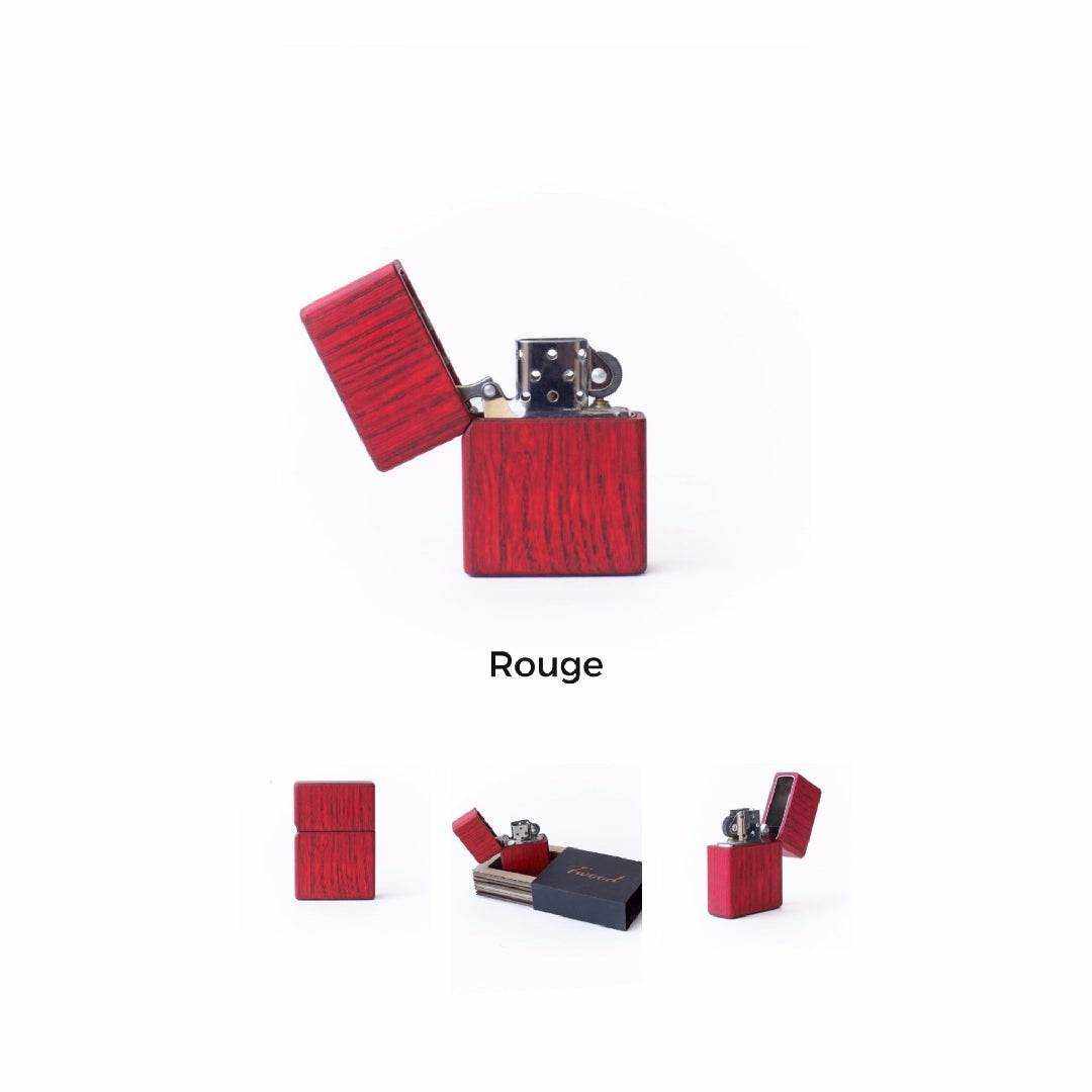 Red wooden lighter with open lid showcasing metal ignition mechanism, eco-friendly and sustainable design