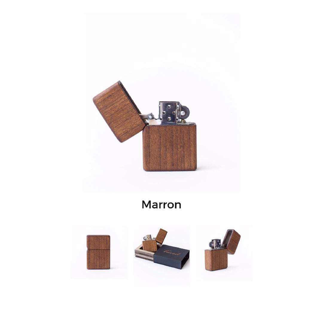 Eco-friendly wooden lighter with natural wood design, sustainable and durable Zippo-style flame.