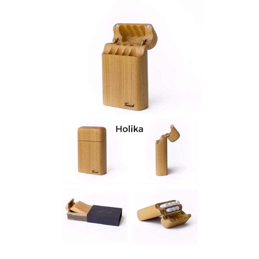 Handcrafted natural wooden cigarette case holding 7 cigarettes with sleek design in Holika color