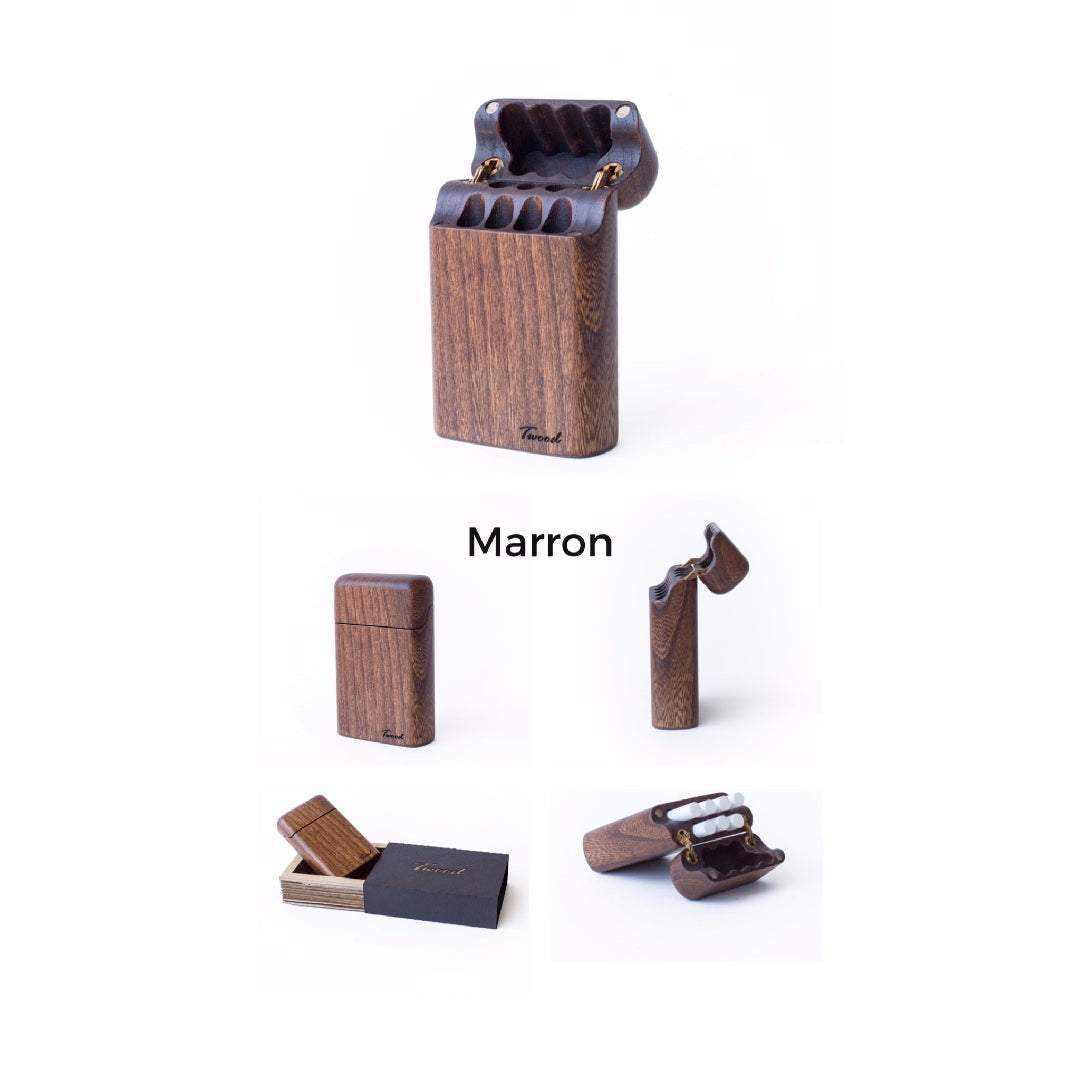 Wooden cigarette case Marron color handcrafted natural wood sleek design holds 7 cigarettes sustainable ecofriendly