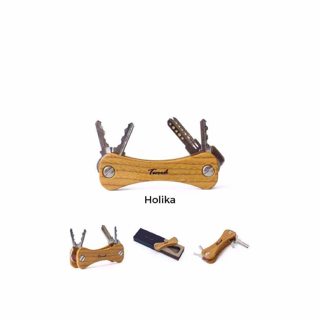 Compact handcrafted wooden keychain with six keys and retractable design, ecofriendly and sustainable accessory