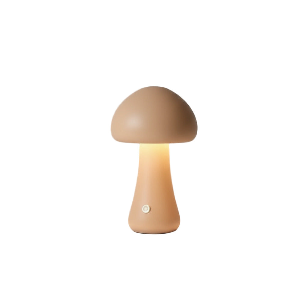 Mushroom-shaped lamp with a warm glow on a light gray background