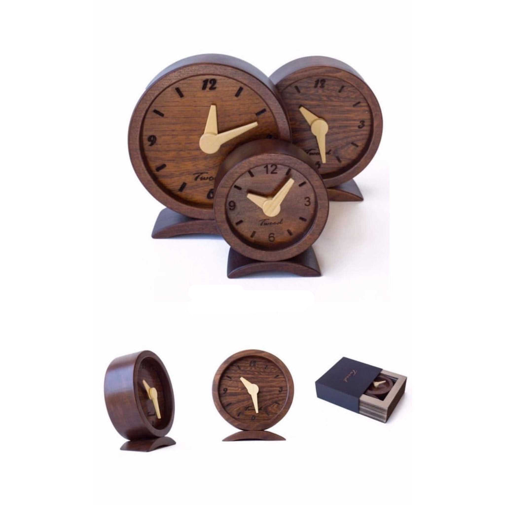 Natural wood desk clocks in three sizes - handmade office clocks with golden hands