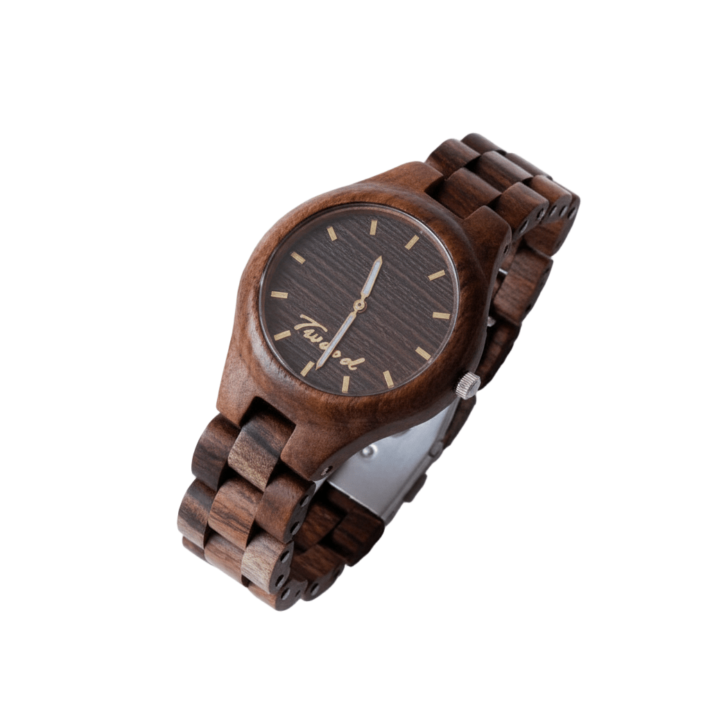 Wooden watch with brown strap and dark face on a white background