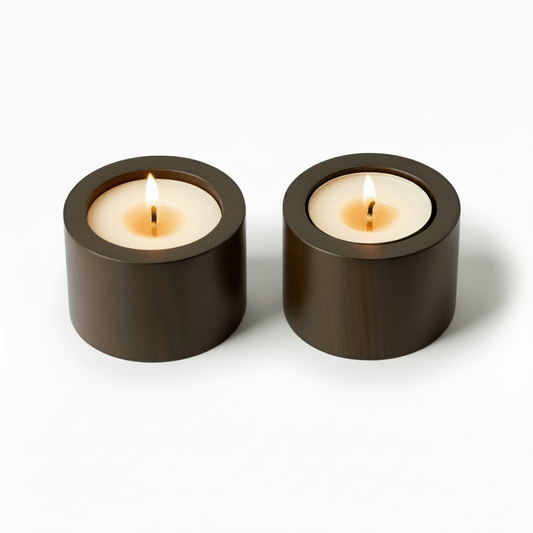 Handmade wooden tealight candle holders - natural wood candle holder set with lit candles