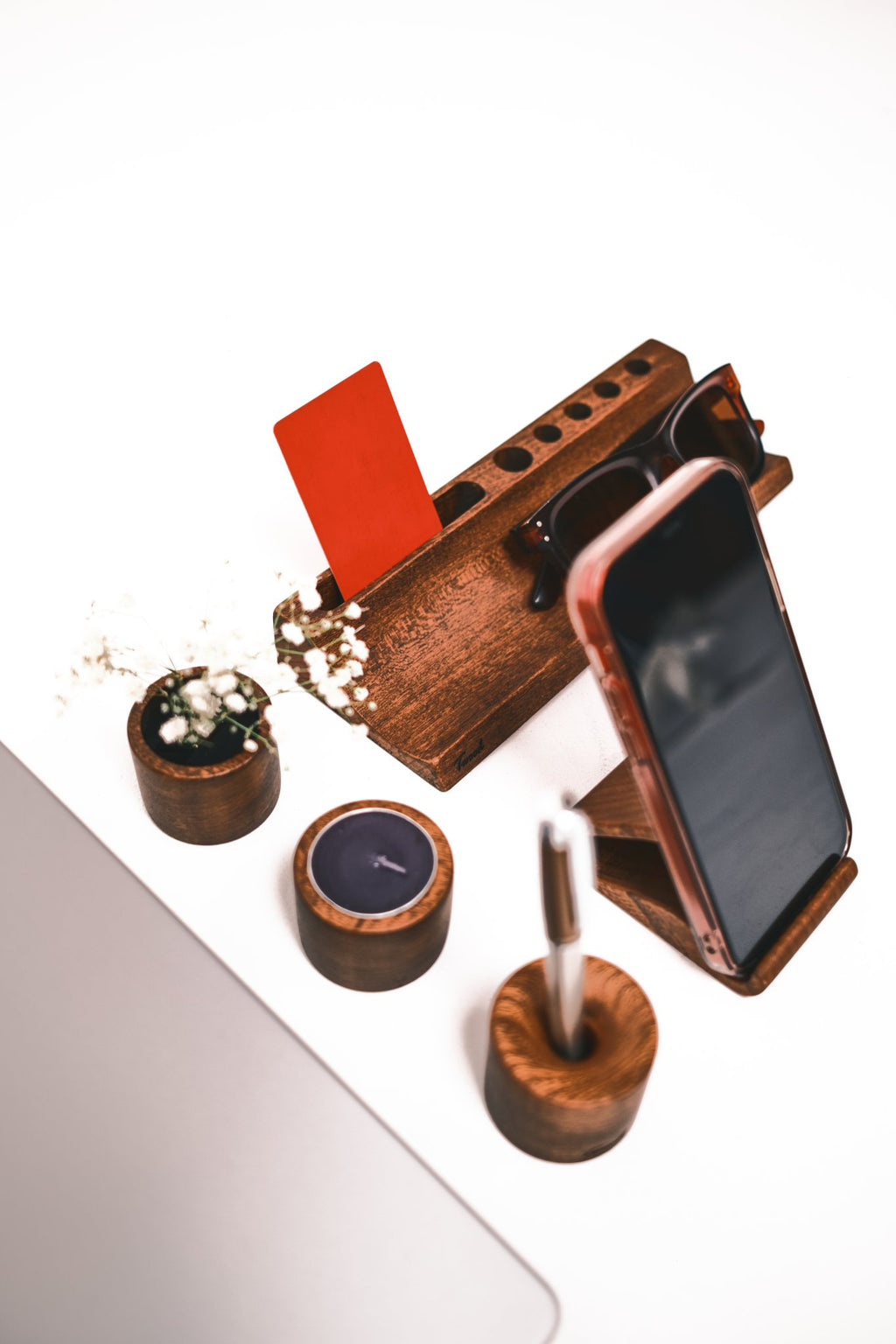 Wooden Desk Organizer with Phone Stand - Handcrafted Solid Wood Pen HolderDesk OrganizerTwoodshoppingBusiness Card Holder