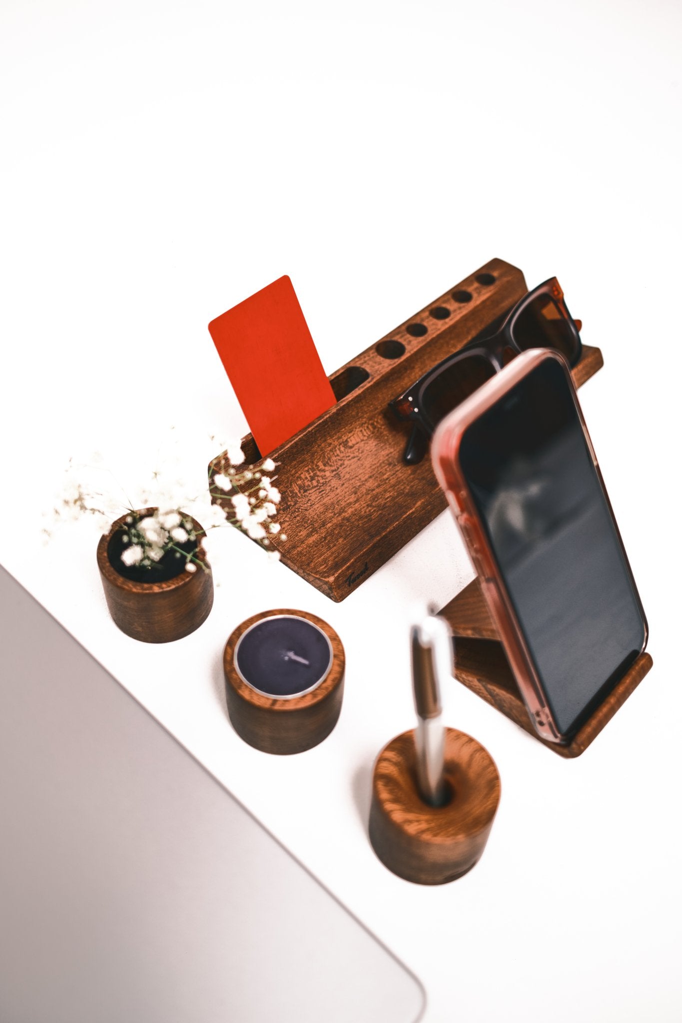 Wooden Desk Organizer with Phone Stand - Handcrafted Solid Wood Pen HolderDesk OrganizerTwoodshoppingBusiness Card Holder