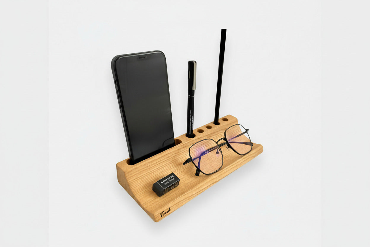 Multi-compartment wooden desk organizer - natural wood pen holder with phone stand and storage