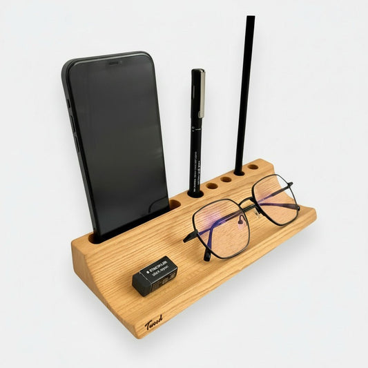 Multi-compartment wooden desk organizer - natural wood pen holder with phone stand and storage