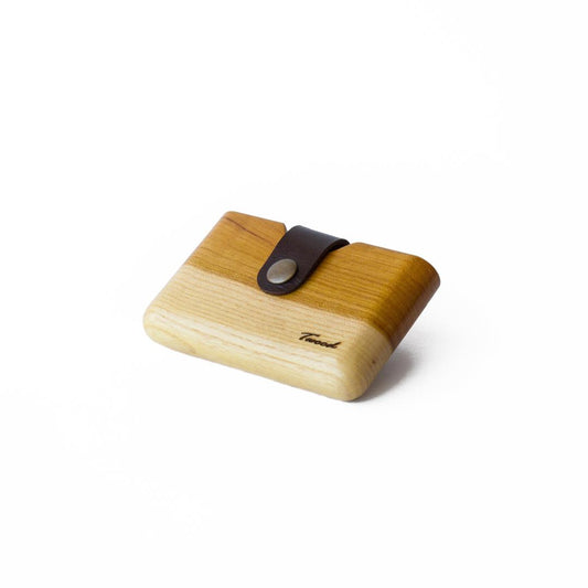 Natural wood wallet closed - eco-friendly handmade wooden card holder with leather strap