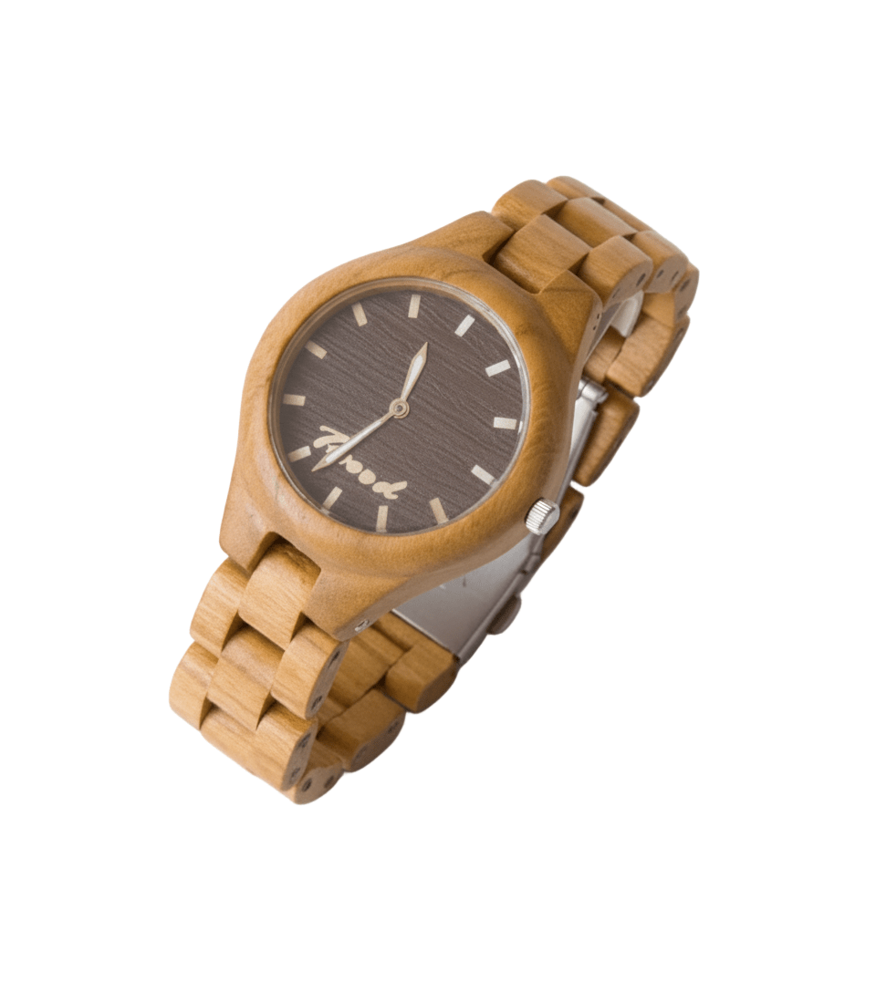 Wooden watch with a brown strap on a light gray background