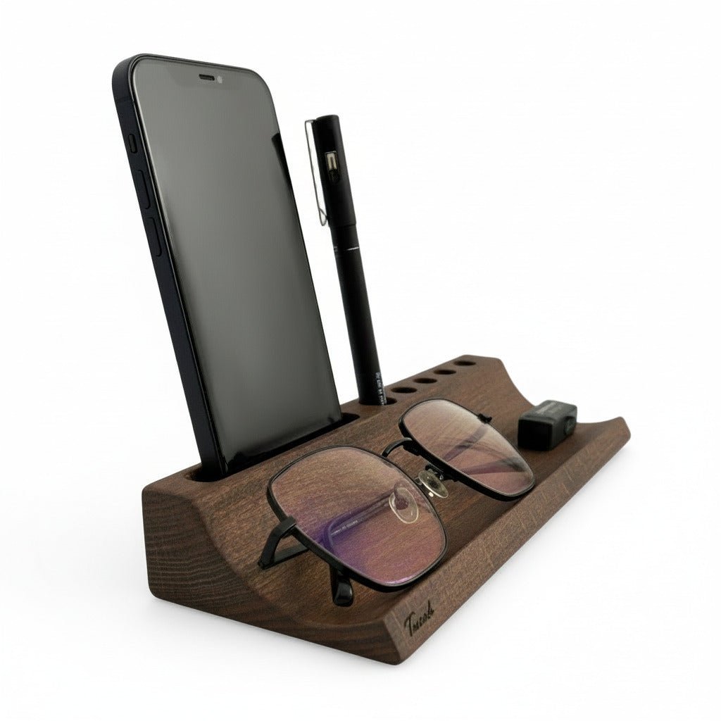 Wooden desk organizer with phone stand and pen holder - handcrafted solid wood office accessory