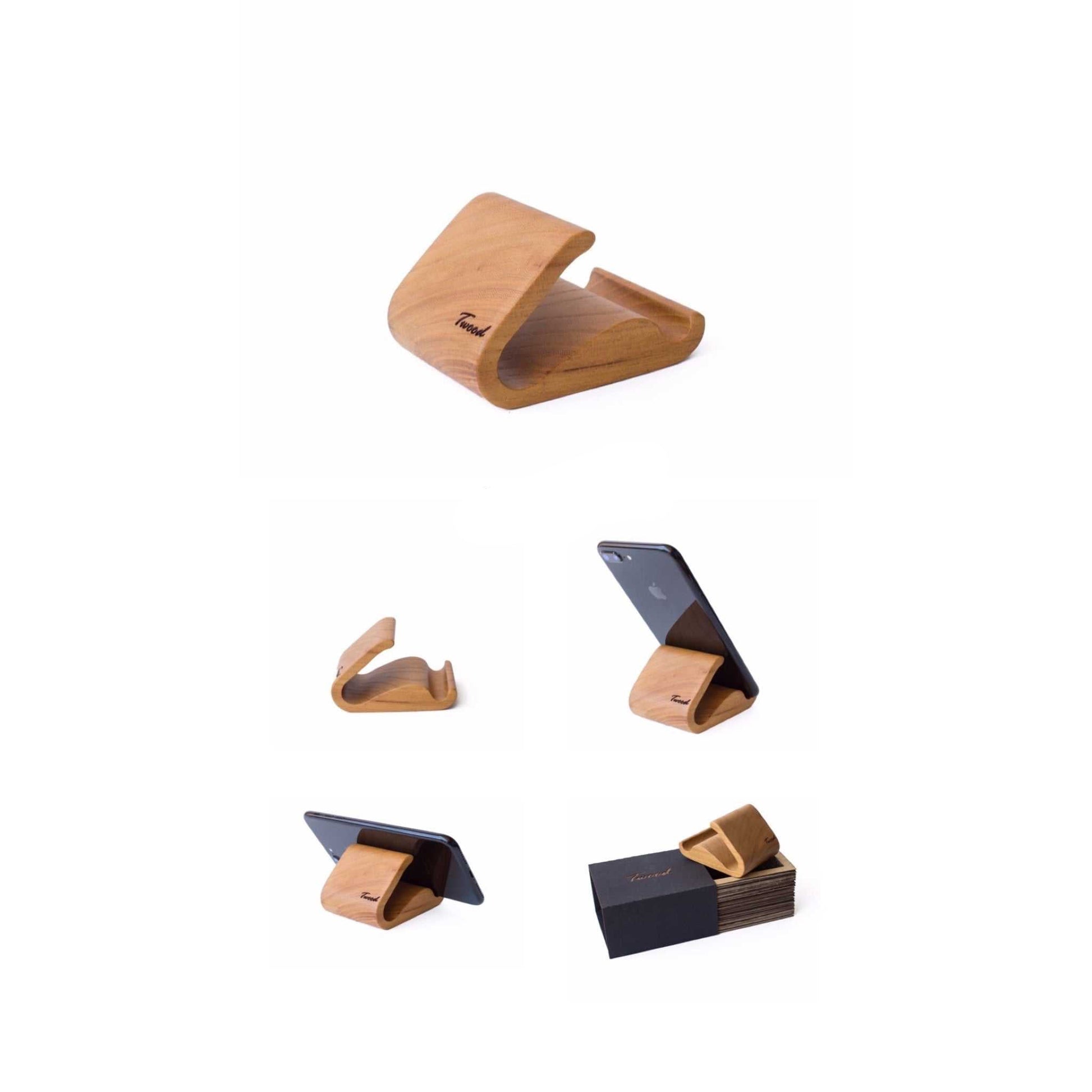 Wooden mobile stand in beige color - handmade natural wood smartphone desk accessory
