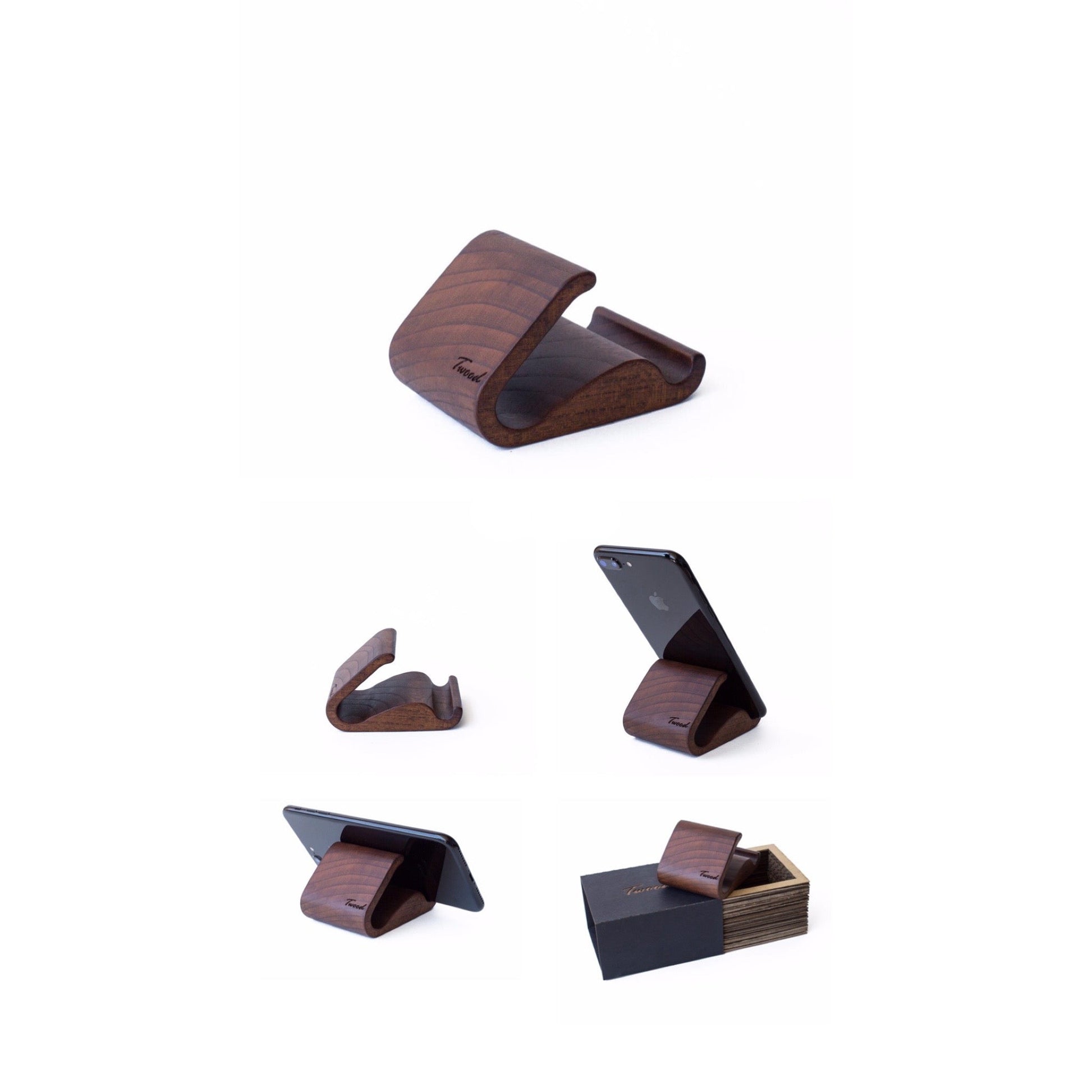 Wooden mobile stand in brown color - eco-friendly phone holder with multiple viewing angles